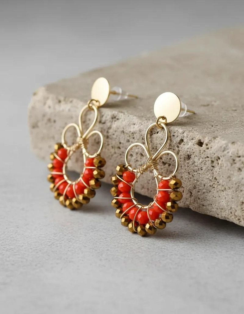 AROS ELEGANTES EN BAÑO DE ORO CON PIEDRAS NARANJAS Y DORADAS - 7