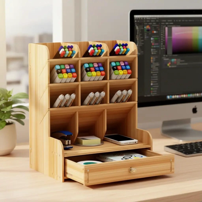 ORGANIZADOR DE ESCRITORIO DE MADERA CON 13 COMPARTIMENTOS - 1