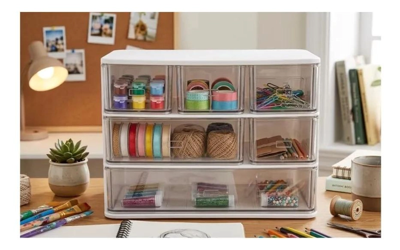 ORGANIZADOR DE ESCRITORIO CON CAJONES TRANSPARENTES Y APILABLE - 5