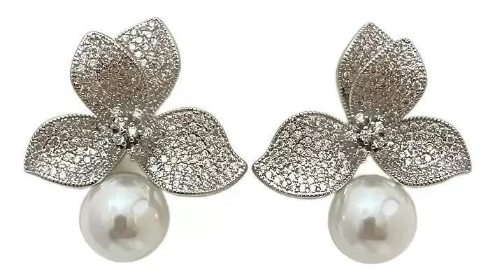 PENDIENTES ELEGANTES CON CIRCONITAS Y PERLAS EN DISEÑO FLORAL - 1