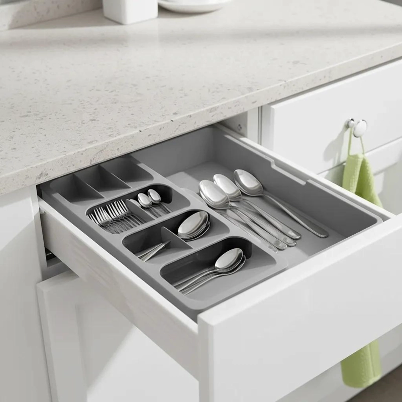 ORGANIZADOR DE CUBIERTOS GRIS CON TRES COMPARTIMENTOS PRACTICOS - 1