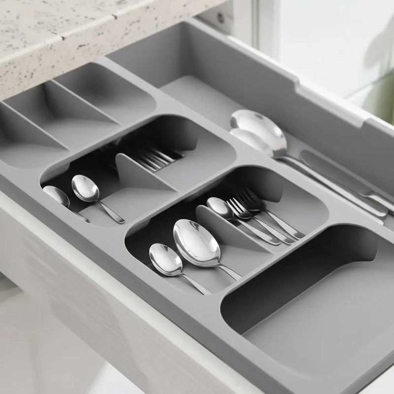 ORGANIZADOR DE CUBIERTOS GRIS CON TRES COMPARTIMENTOS PRACTICOS - 2