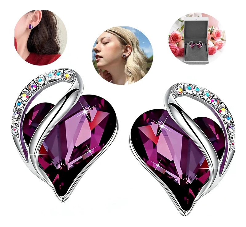 AROS DE ARETES CORAZON CON CRISTALES DE CIRCONITA EN PLATA RODIADA - 1