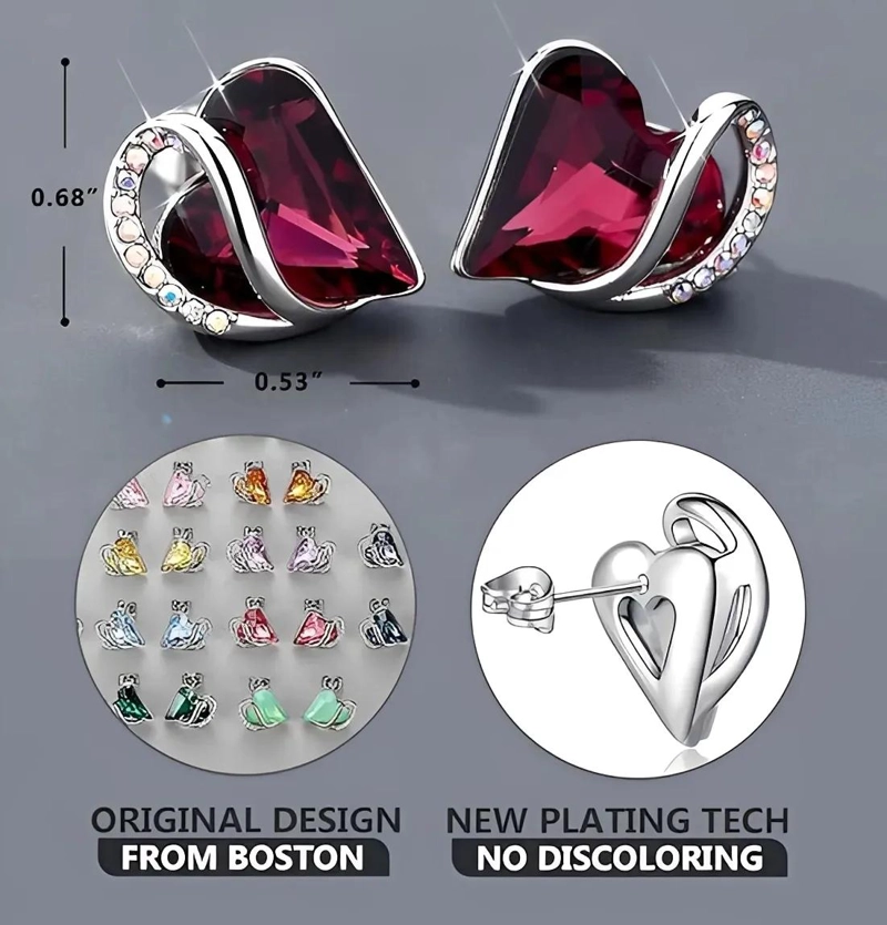 AROS DE ARETES CORAZON CON CRISTALES DE CIRCONITA EN PLATA RODIADA - 2