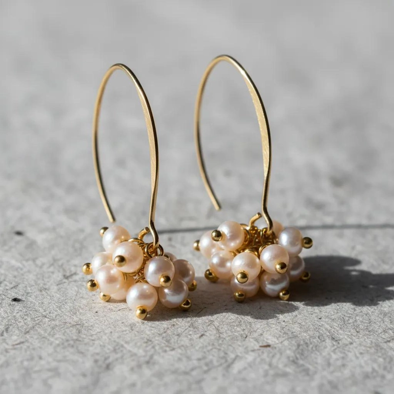 AROS LARGOS BAÑO ORO CON RACIMO DE PERLAS DE RIO - 3