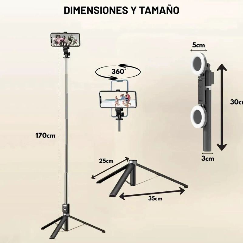 PALO SELFIE TRIPODE 170CM CON LUZ LED PARA CELULAR - 3
