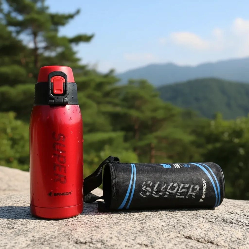 TERMO DE ACERO INOXIDABLE ROJO CON FUNDA Y TAPA SEGURA - 1