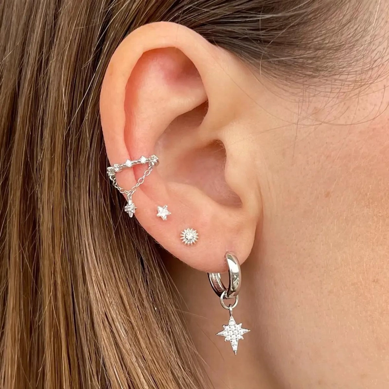 AROS ESTRELLAS BRILLANTES DE PLATA FINA PARA PERFORACIONES - 2