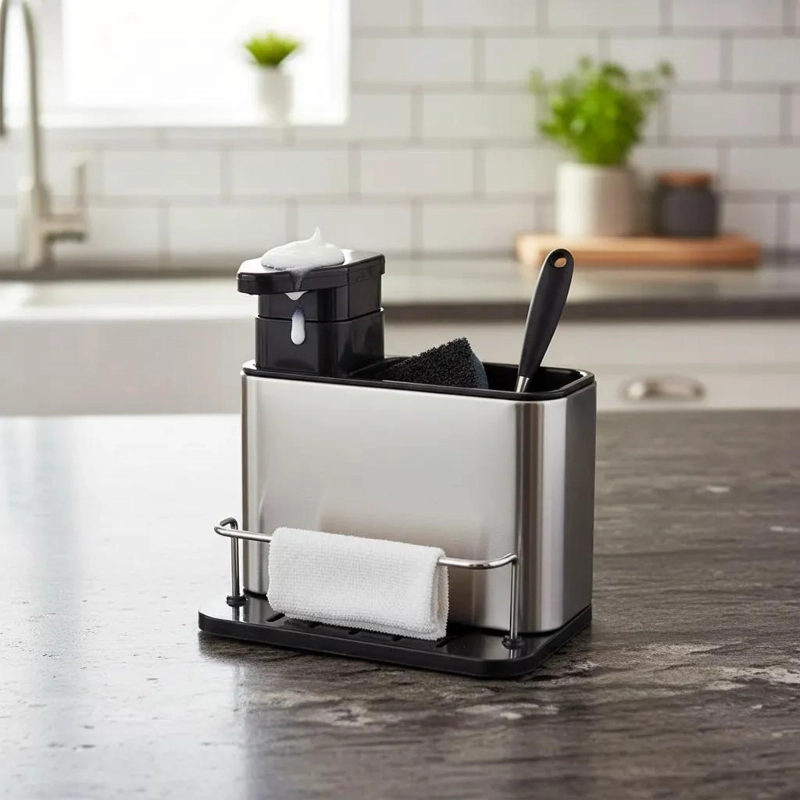 DISPENSADOR DE JABON Y PORTA CUBIERTOS ELEGANTE EN PLOMO - 1