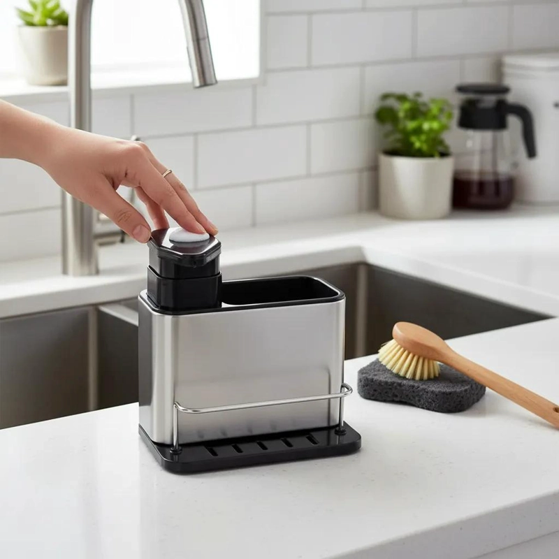 DISPENSADOR DE JABON Y PORTA CUBIERTOS ELEGANTE EN PLOMO - 2