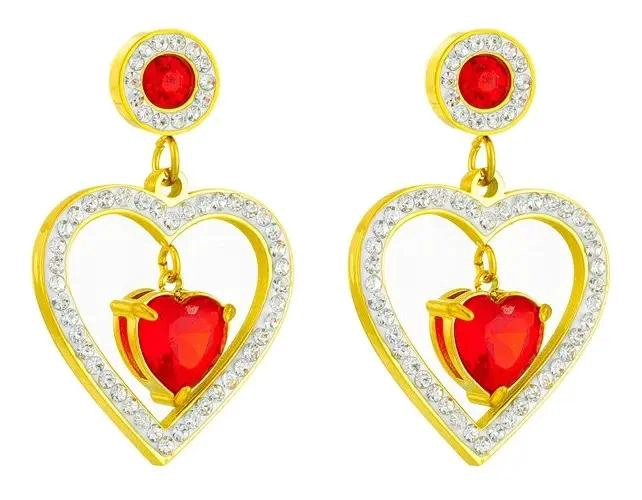 AROS COLGANTES CORAZON ROJO GRANDE EN ACERO BAÑADO EN ORO 18K - 1