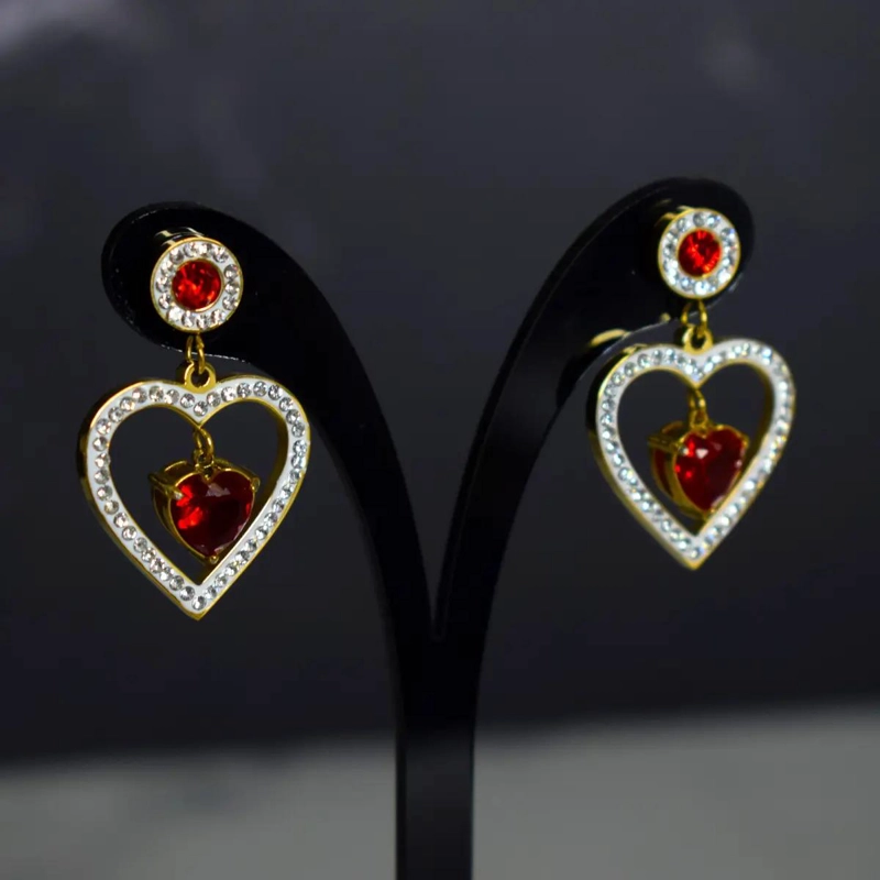 AROS COLGANTES CORAZON ROJO GRANDE EN ACERO BAÑADO EN ORO 18K - 3