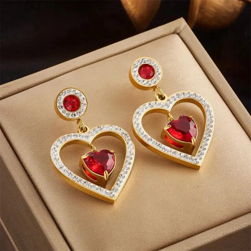AROS COLGANTES CORAZON ROJO GRANDE EN ACERO BAÑADO EN ORO 18K - 5