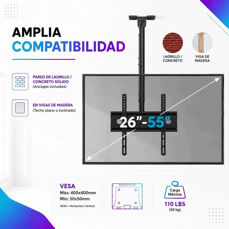 SOPORTE DE TECHO PARA TV INCLINABLE DE 26 A 55 PULGADAS - 3