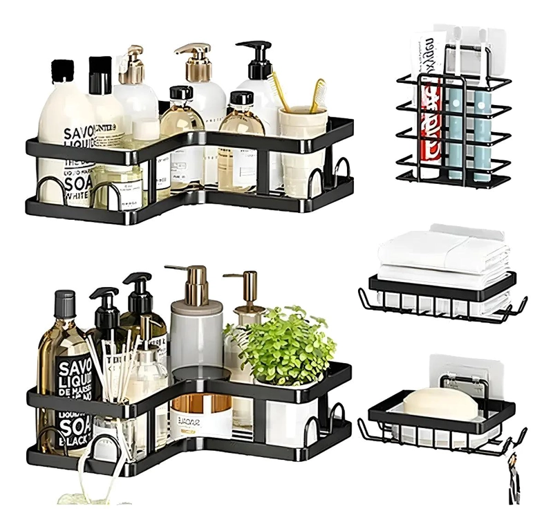 SET ORGANIZADOR DE DUCHA 5 PIEZAS COLOR NEGRO PARA BAÑO - 1