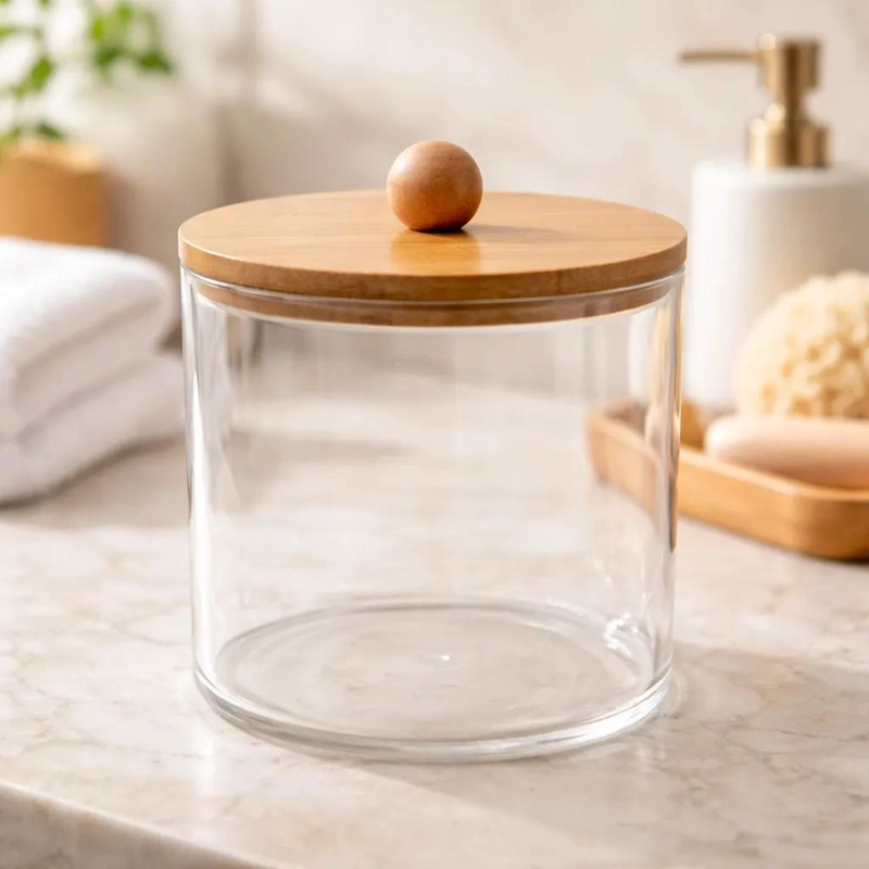 ORGANIZADOR DE BAÑO ACRILICO CON TAPA DE BAMBU 13 CM - 1