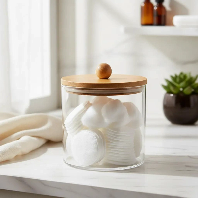 ORGANIZADOR DE BAÑO ACRILICO CON TAPA DE BAMBU 13 CM - 2