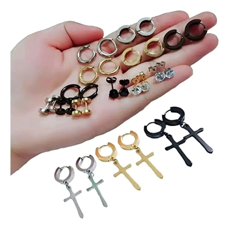 PACK 15 PARES DE AROS PENDIENTES UNISEX EN ACERO INOXIDABLE - 7