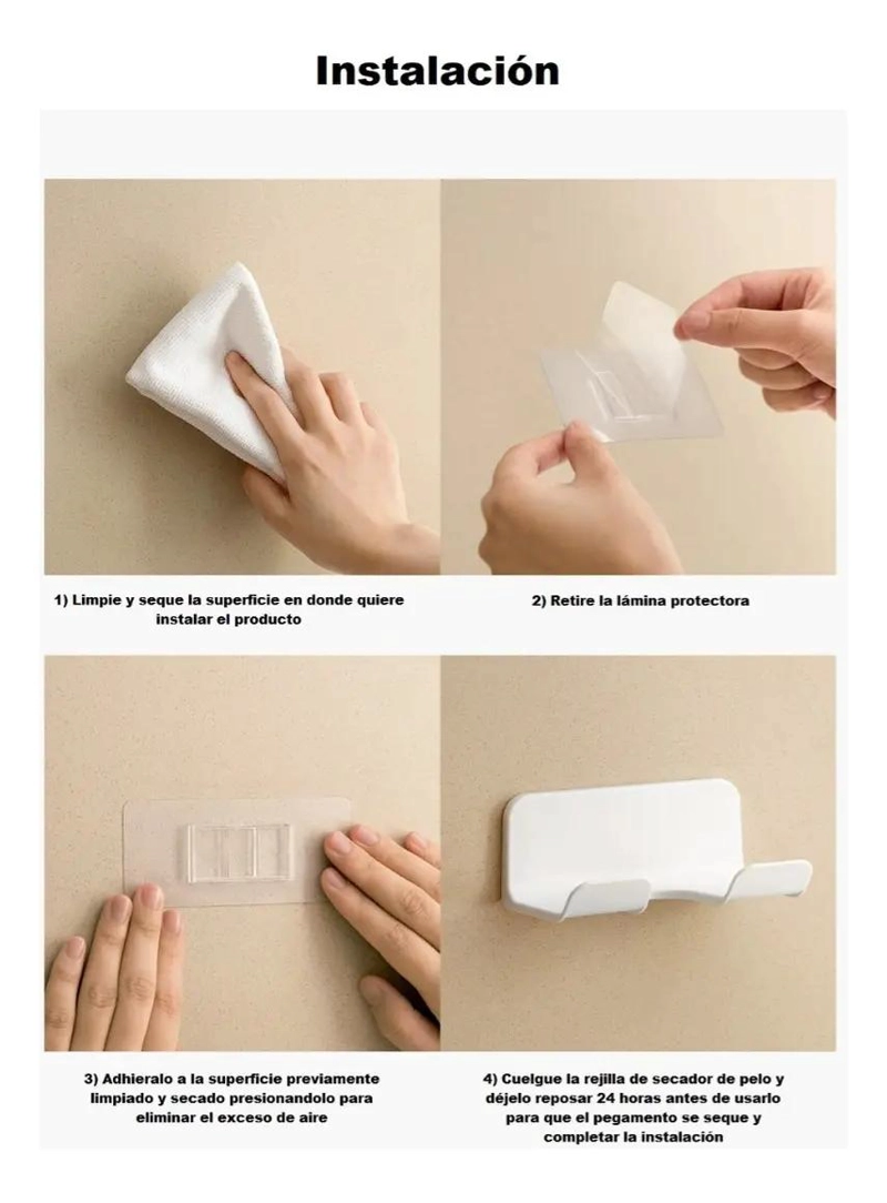 SOPORTE ADHESIVO PARA SECADOR DE PELO BLANCO SIN PERFORAR - 4