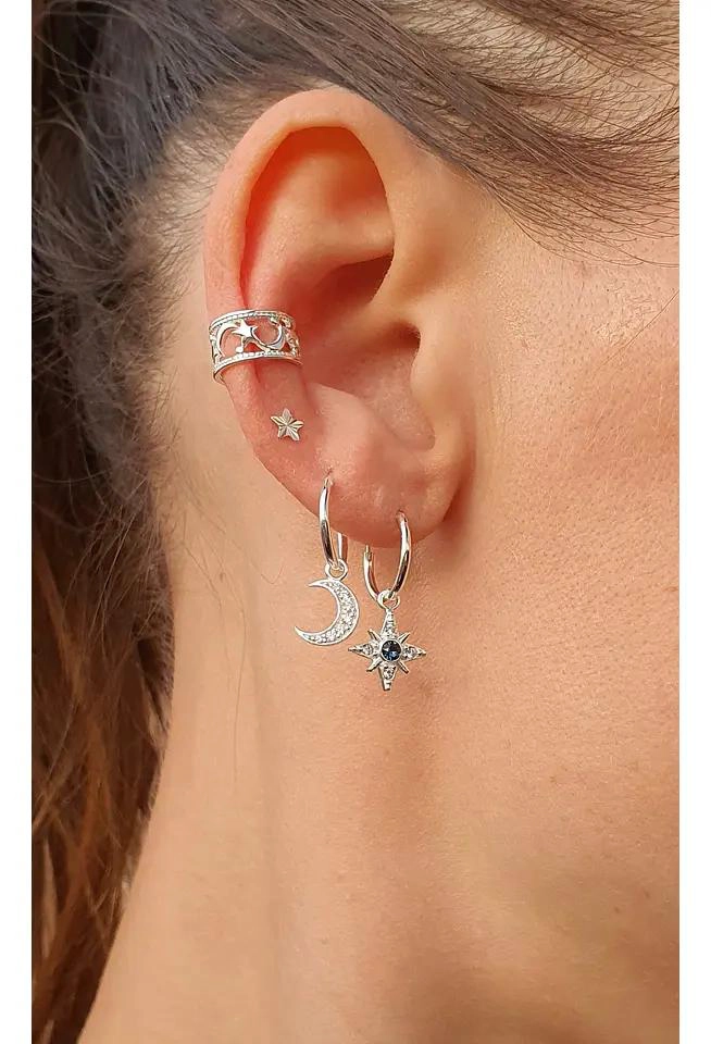 AROS DE PLATA FINA CON DISEÑO DE ESTRELLAS PARA PERFORACIONES - 4