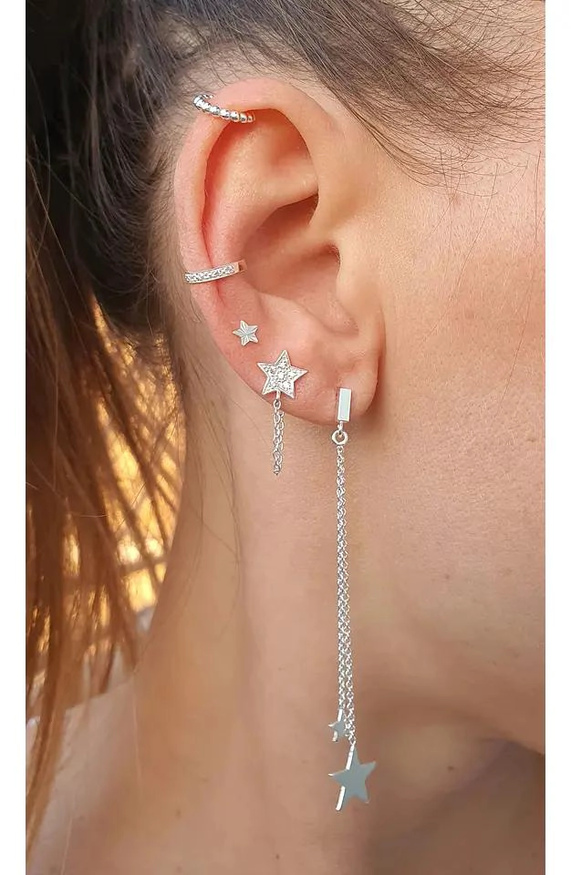 AROS DE PLATA FINA CON DISEÑO DE ESTRELLAS PARA PERFORACIONES - 5