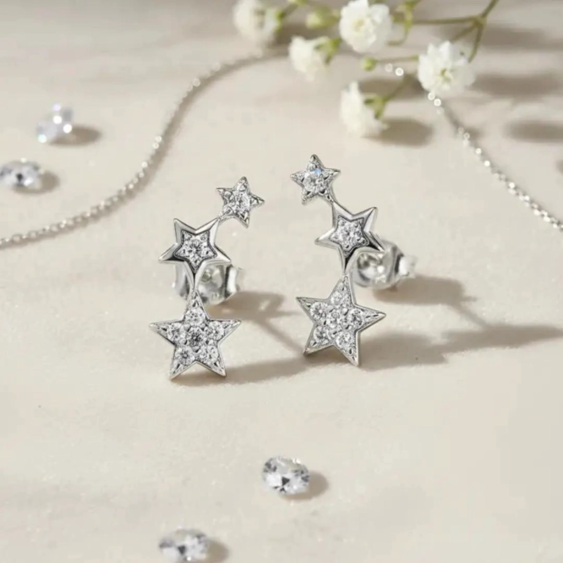 AROS DE PLATA 925 CON DISEÑO DE TRES ESTRELLAS JUNTAS DE 2 CM - 5