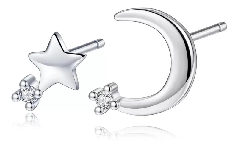 AROS ELEGANTES DE LUNA Y ESTRELLA BAÑADOS EN PLATA 925 - 1