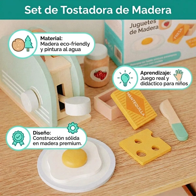 JUGUETE INFANTIL DE MADERA TOSTADORA PARA JUEGO DE COCINA - 3