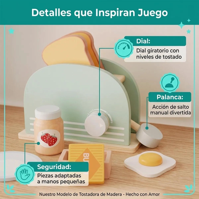 JUGUETE INFANTIL DE MADERA TOSTADORA PARA JUEGO DE COCINA - 7