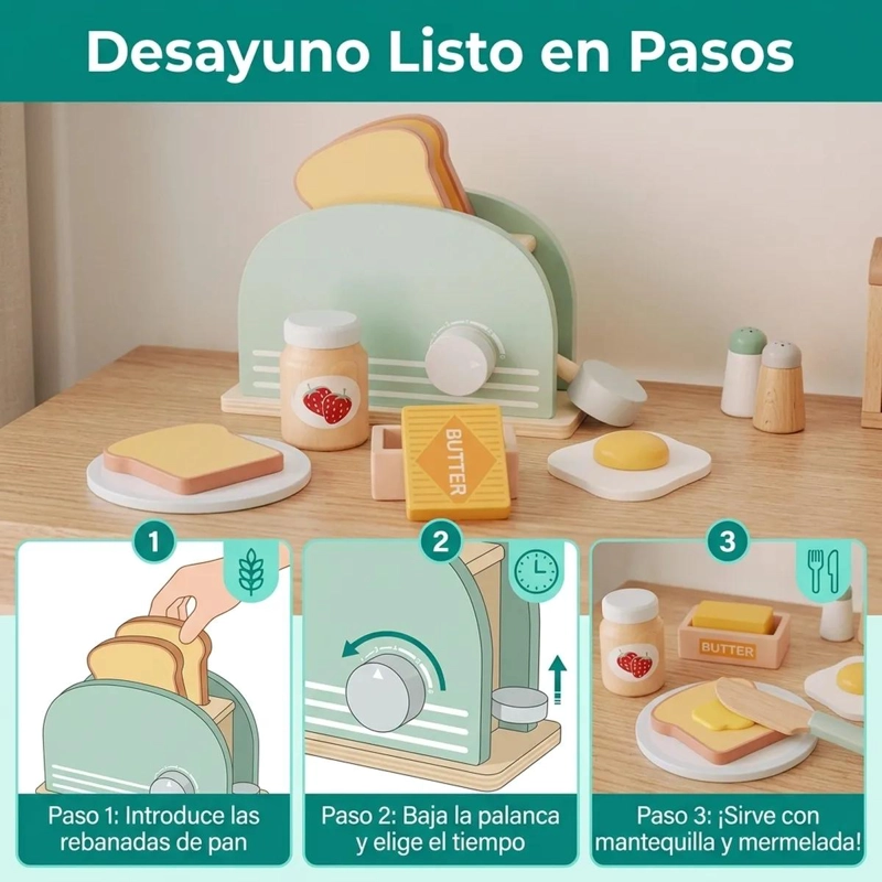 JUGUETE INFANTIL DE MADERA TOSTADORA PARA JUEGO DE COCINA - 8