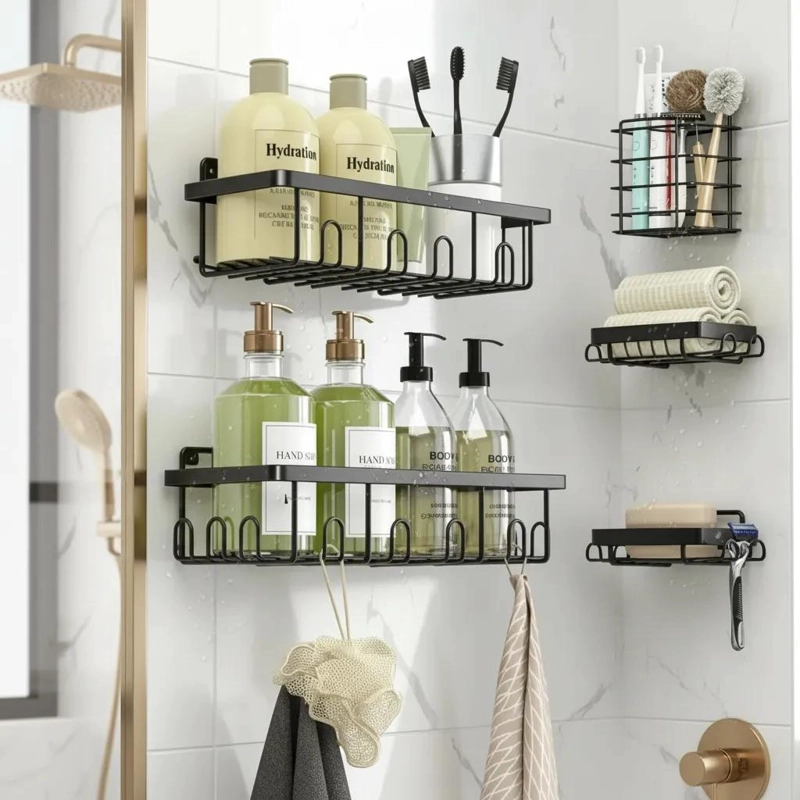 CESTA DE BAÑO ADHESIVA NEGRA PACK DE 5 ESTANTES DE HIERRO - 1