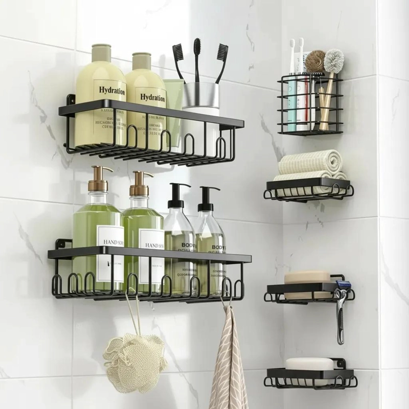 CESTA DE BAÑO ADHESIVA NEGRA PACK DE 5 ESTANTES DE HIERRO - 4