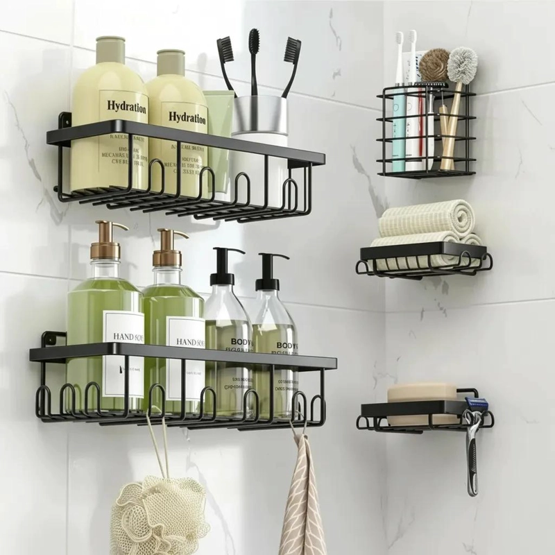 CESTA DE BAÑO ADHESIVA NEGRA PACK DE 5 ESTANTES DE HIERRO - 6