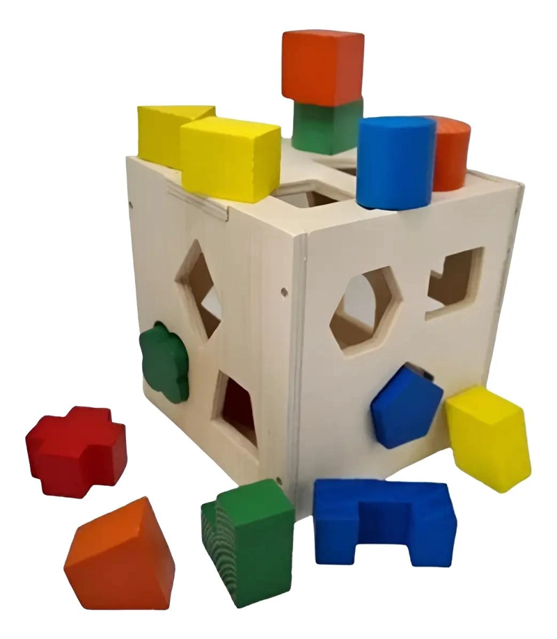 CUBO DE MADERA PARA ENCAJAR FIGURAS GEOME TRICAS DE COLORES - 1