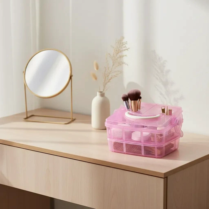 CAJA ORGANIZADORA PORTATIL DE MAQUILLAJE ROSA CON 2 NIVELES - 1