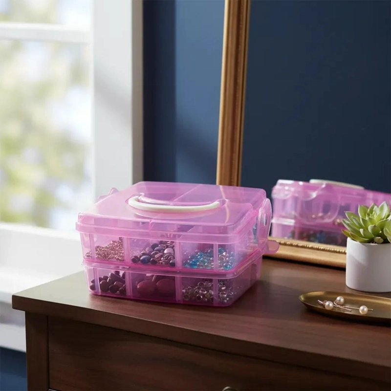 CAJA ORGANIZADORA PORTATIL DE MAQUILLAJE ROSA CON 2 NIVELES - 3