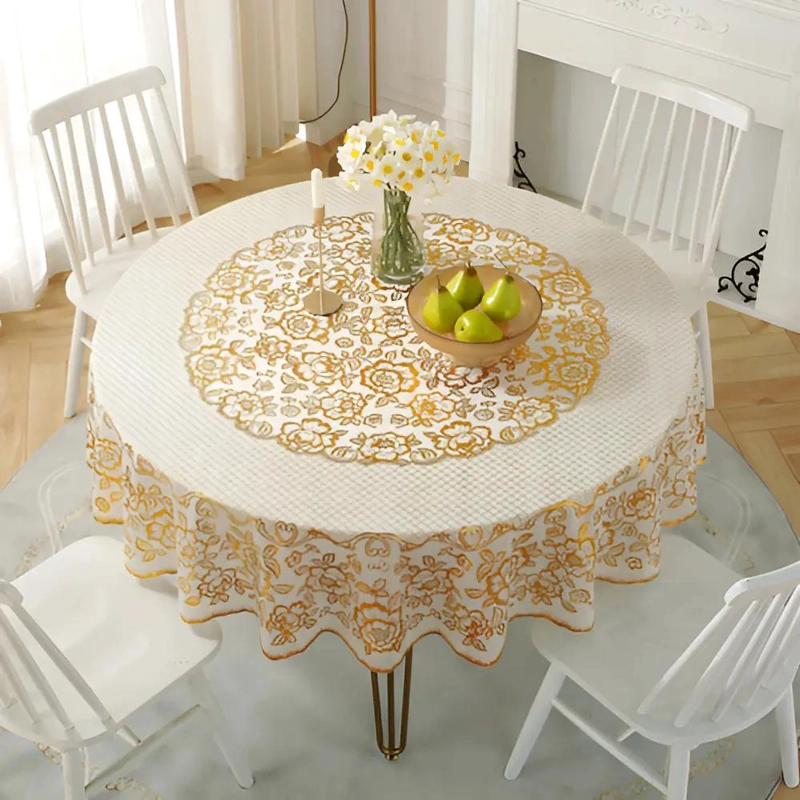 MANTEL REDONDO IMPERMEABLE DE PVC COLOR DORADO PARA MESAS - 1