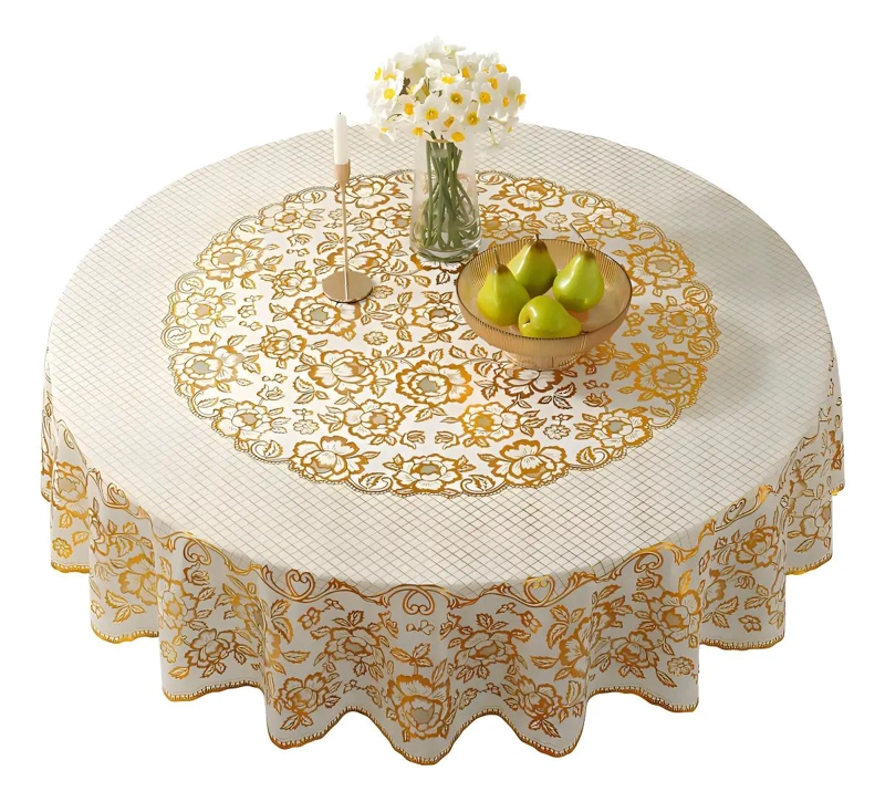 MANTEL REDONDO IMPERMEABLE DE PVC COLOR DORADO PARA MESAS - 7