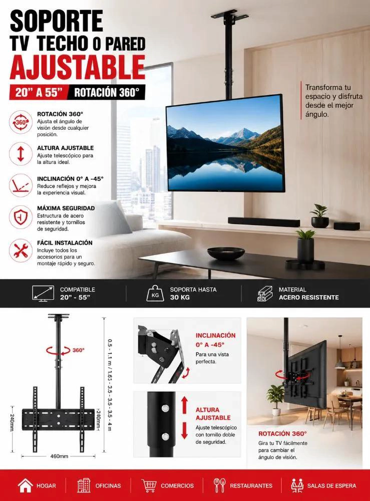 SOPORTE AJUSTABLE PARA TV DE 20 A 55 PULGADAS CON ROTACION 360° - 10