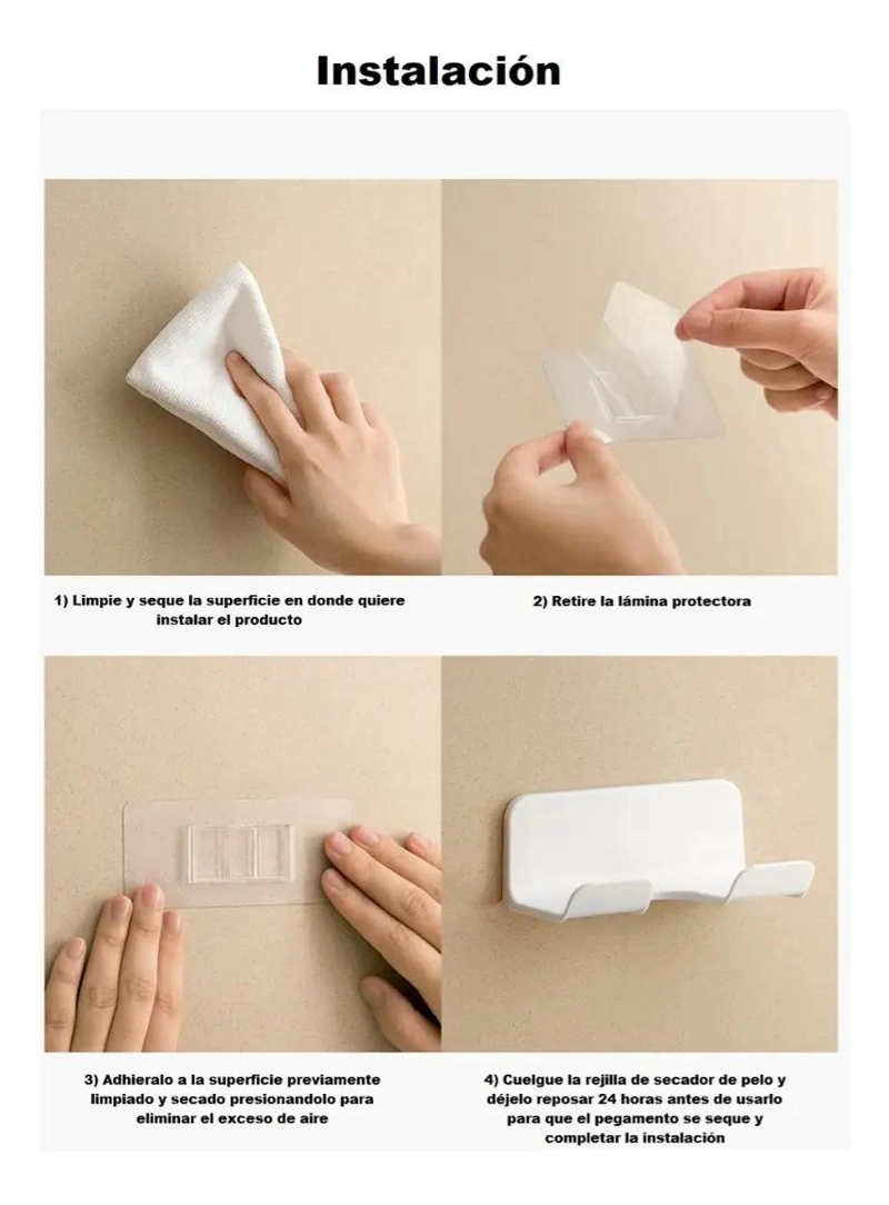 SOPORTE ADHESIVO PARA SECADOR DE PELO BLANCO SIN PERFORAR - 4
