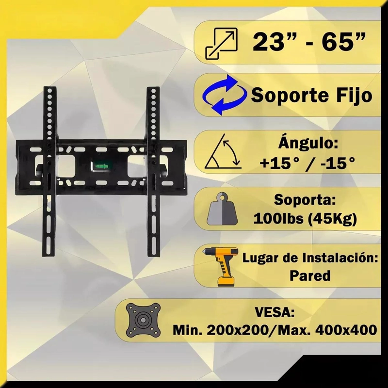 SOPORTE PARED TV FIJO RECLINABLE UNIVERSAL 23 A 65 PULGADAS - 10