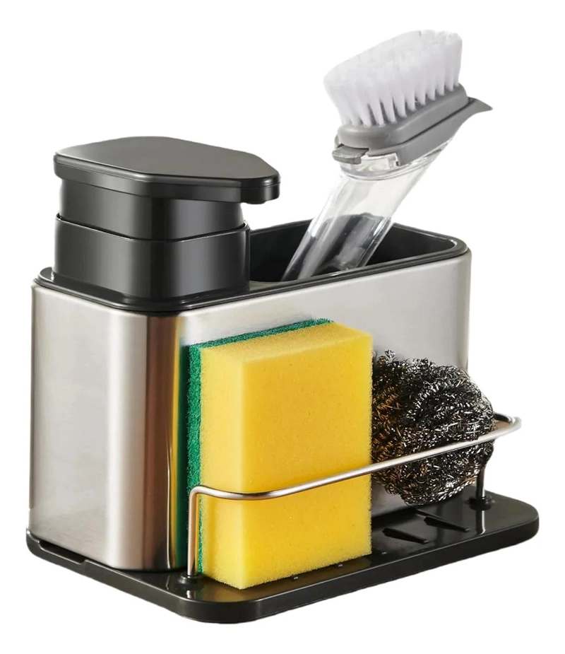 DISPENSADOR DE JABON LIQUIDO CON SOPORTE PARA ESPONJA DE ACERO INOXIDABLE - 1