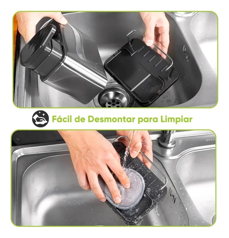 DISPENSADOR DE JABON LIQUIDO CON SOPORTE PARA ESPONJA DE ACERO INOXIDABLE - 10