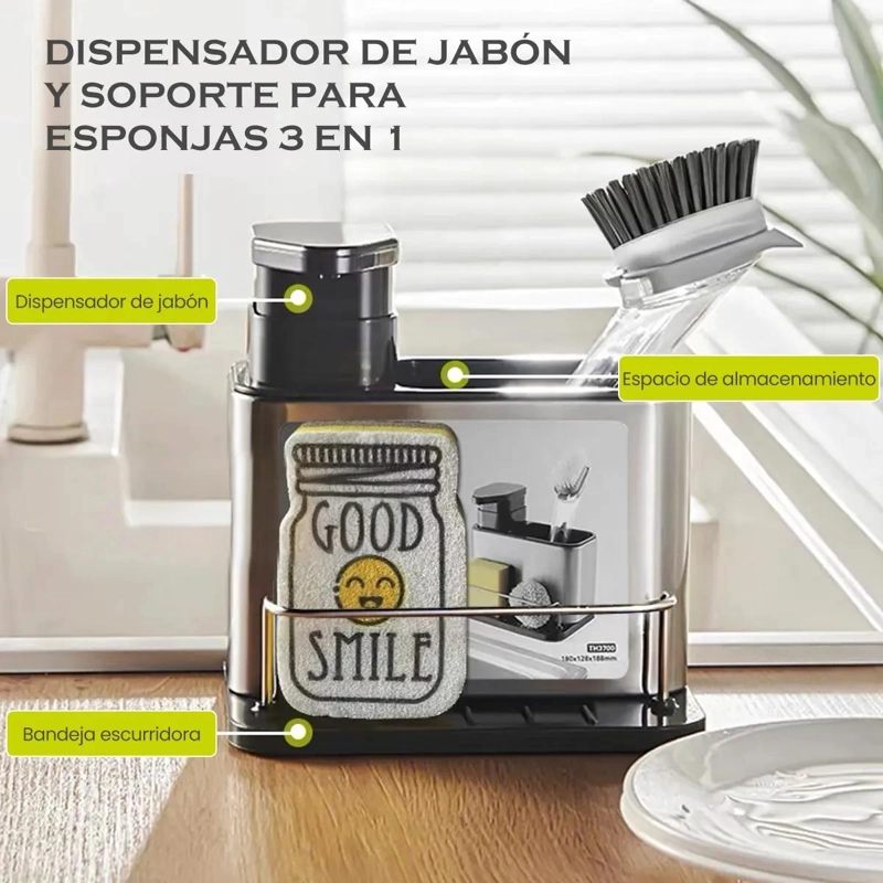 DISPENSADOR DE JABON LIQUIDO CON SOPORTE PARA ESPONJA DE ACERO INOXIDABLE - 2