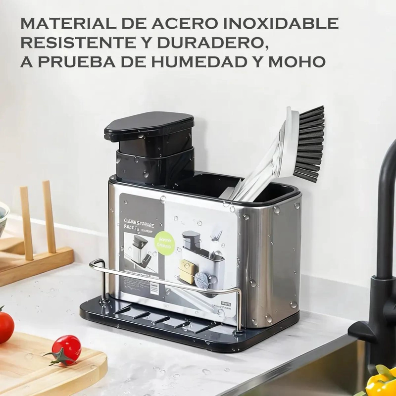 DISPENSADOR DE JABON LIQUIDO CON SOPORTE PARA ESPONJA DE ACERO INOXIDABLE - 3