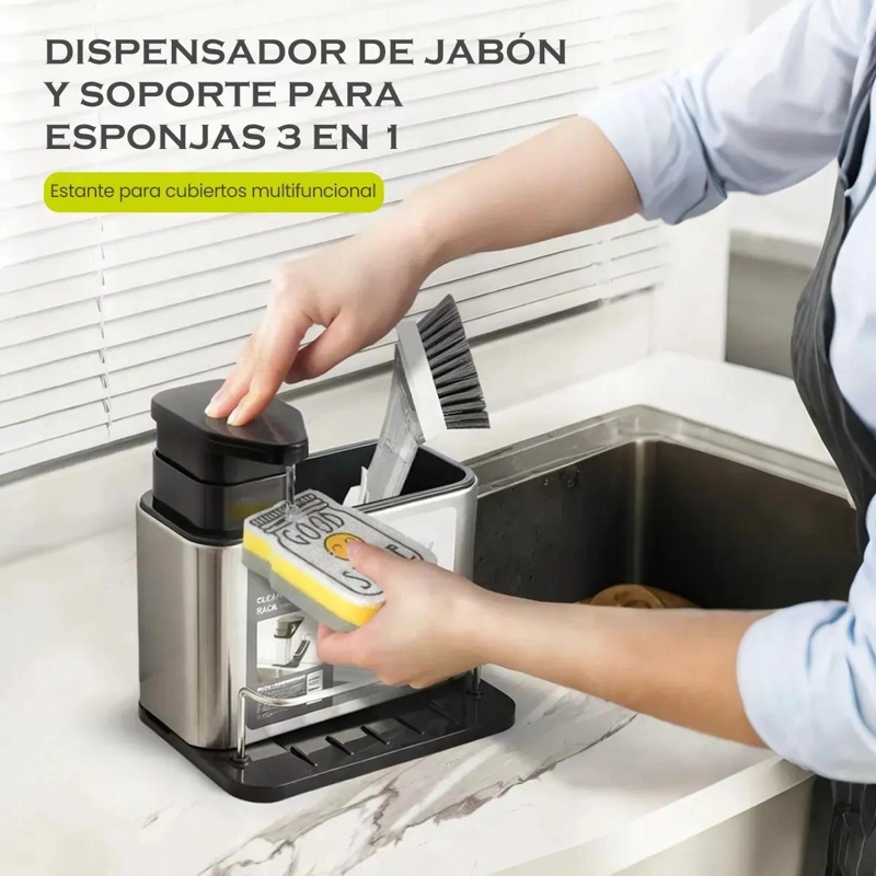 DISPENSADOR DE JABON LIQUIDO CON SOPORTE PARA ESPONJA DE ACERO INOXIDABLE - 4