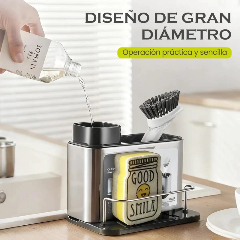 DISPENSADOR DE JABON LIQUIDO CON SOPORTE PARA ESPONJA DE ACERO INOXIDABLE - 7