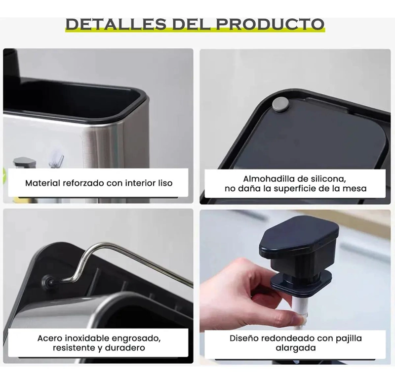 DISPENSADOR DE JABON LIQUIDO CON SOPORTE PARA ESPONJA DE ACERO INOXIDABLE - 9
