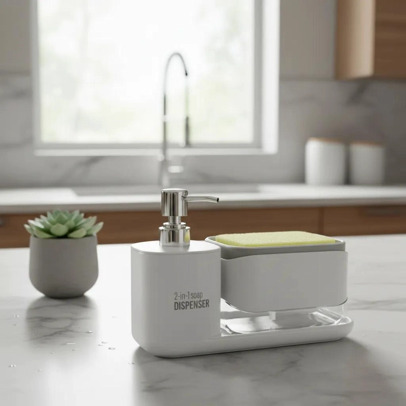 DISPENSADOR DE JABON 2 EN 1 CON PORTA ESPONJA BLANCO - 2