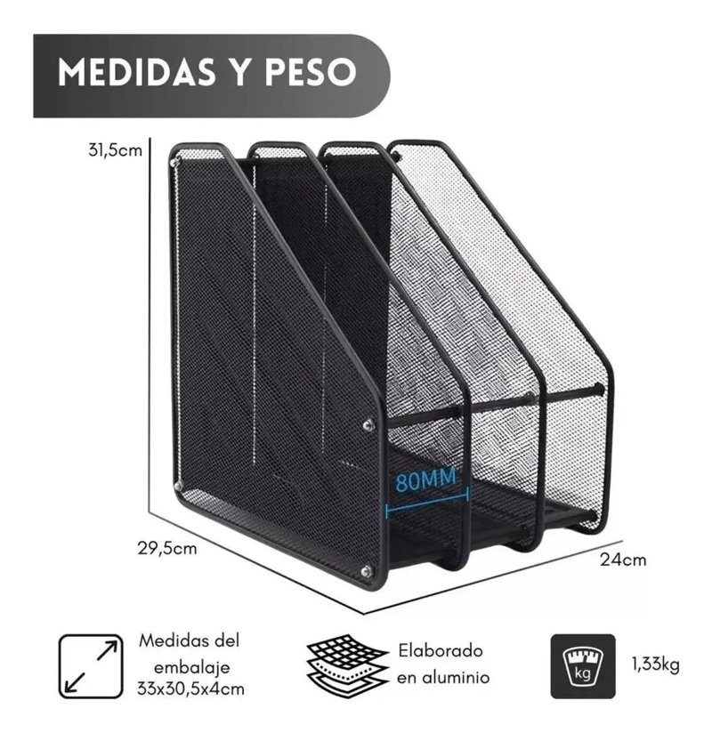 ORGANIZADOR VERTICAL DE ESCRITORIO CON 3 COMPARTIMENTOS METALICOS - 2